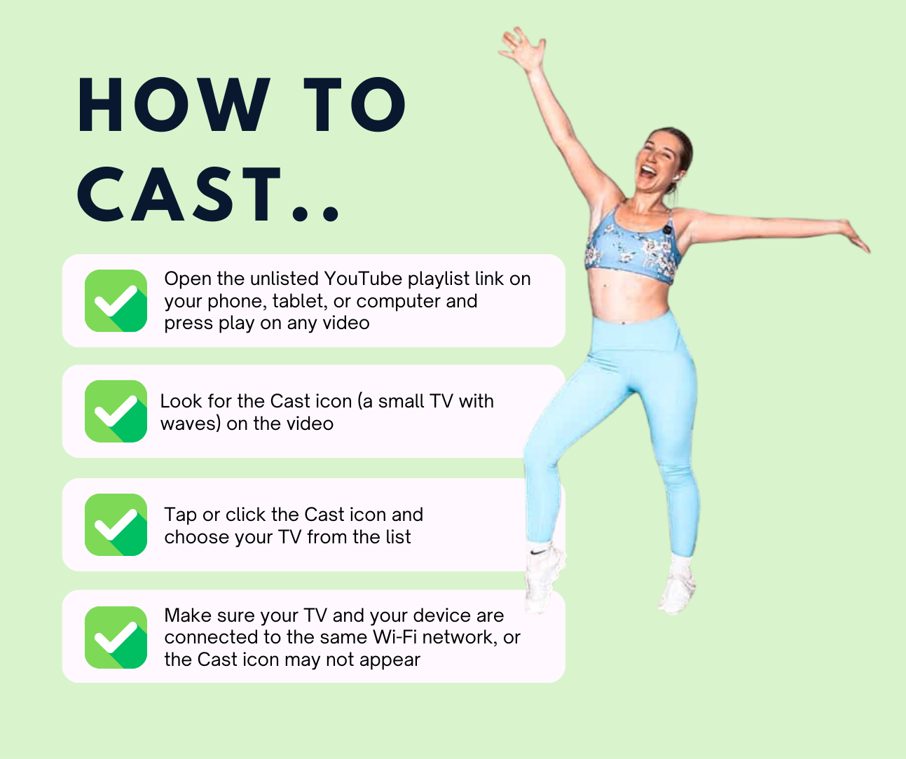 Instructions on how to cast a video using a YouTube playlist with a person in athletic wear on a green background.