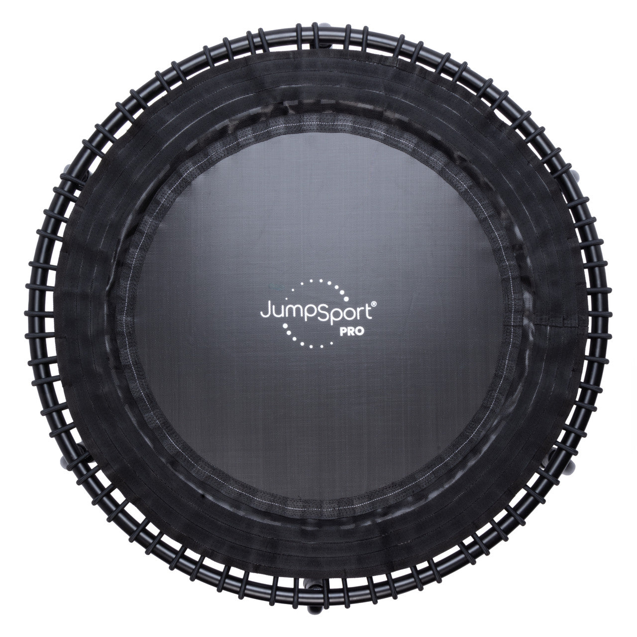 A 48" black, round JumpSport fitness trampoline with a visible logo in the center and labeled 'Pro'.