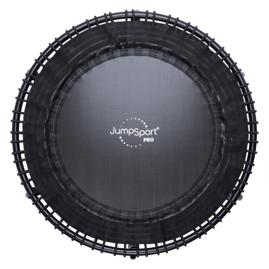 A 48" black, round JumpSport fitness trampoline with a visible logo in the center and labeled 'Pro'.
