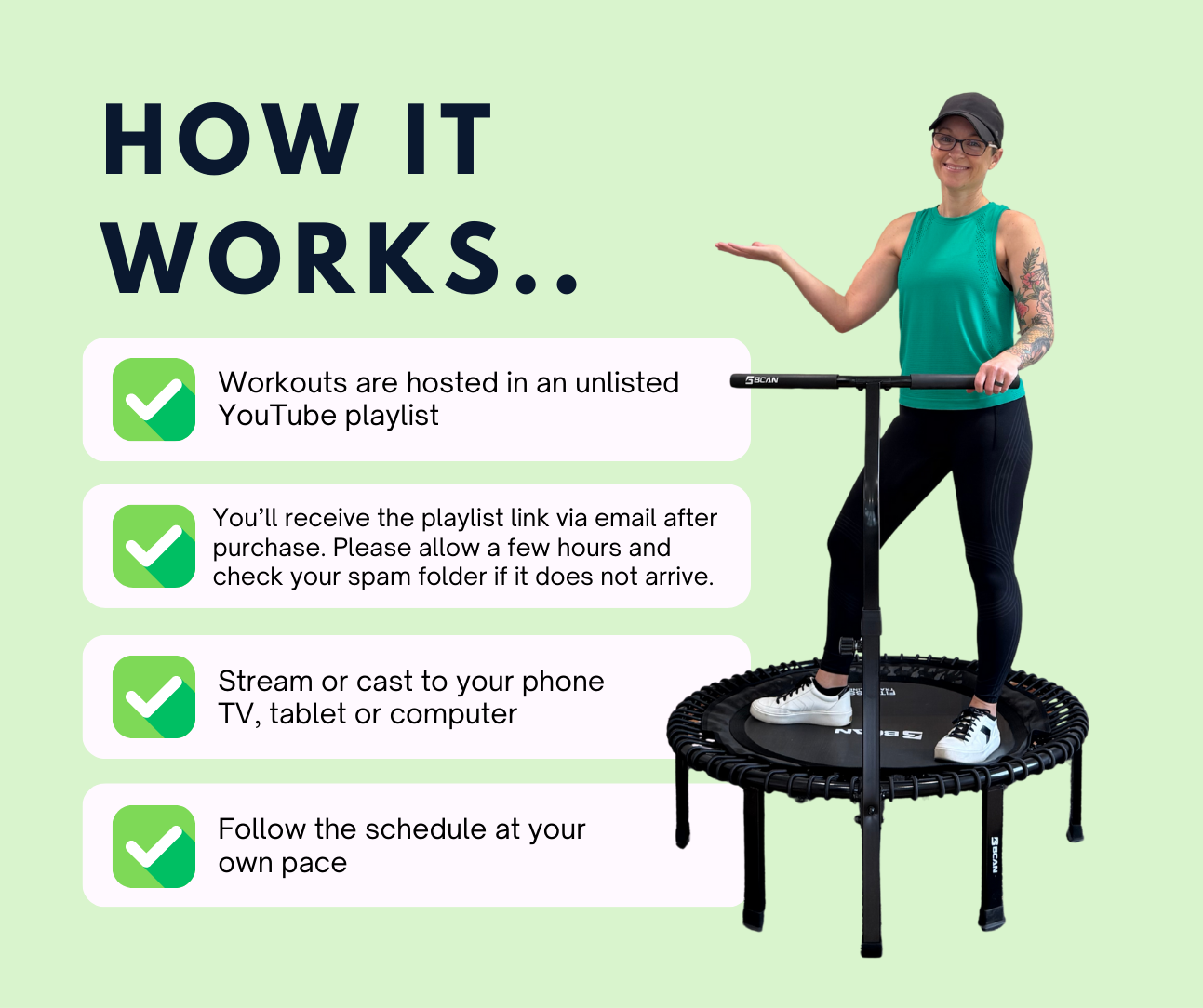Woman standing on a trampoline with workout information displayed on a green background