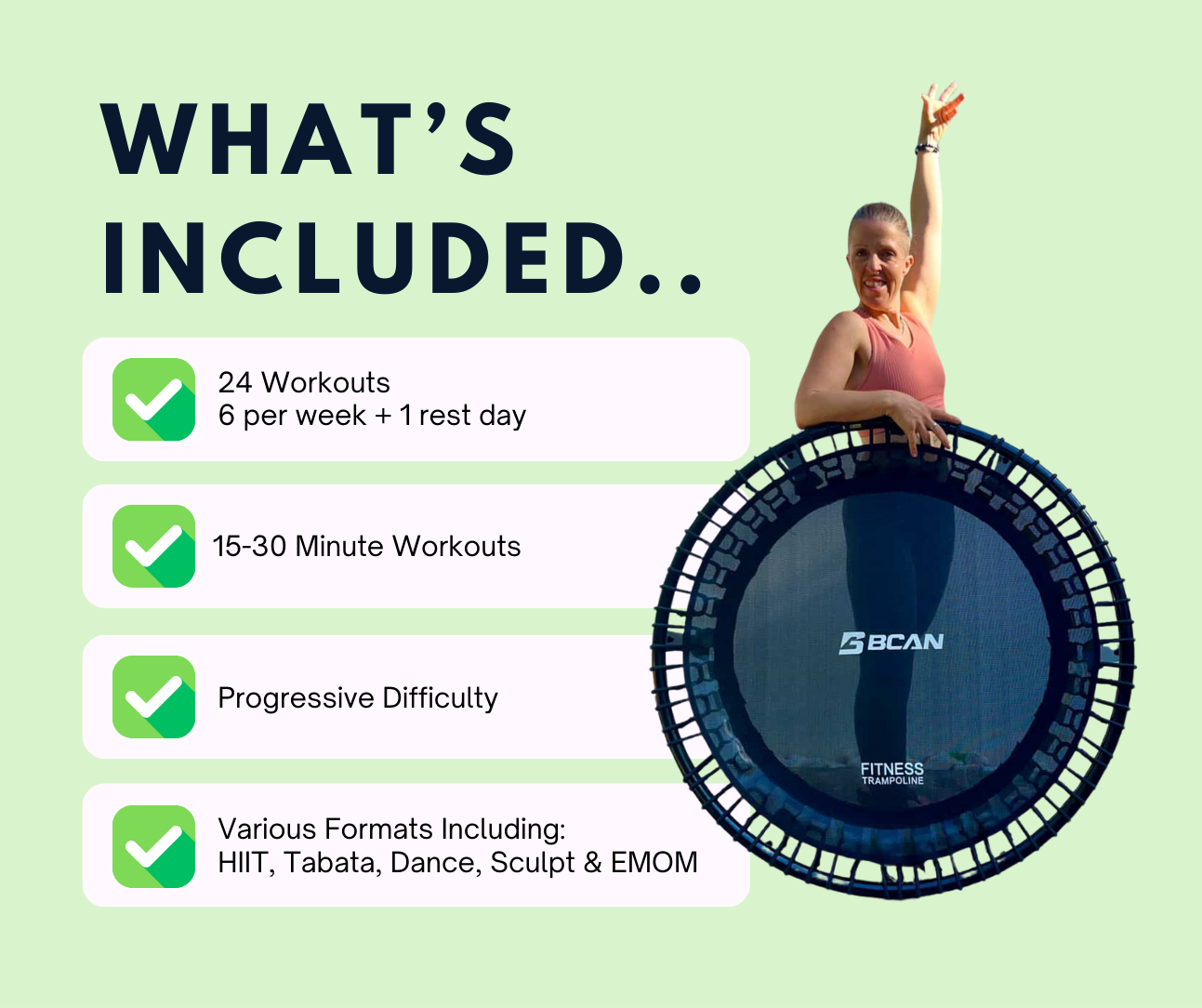 Person using a trampoline with fitness program details on a green background